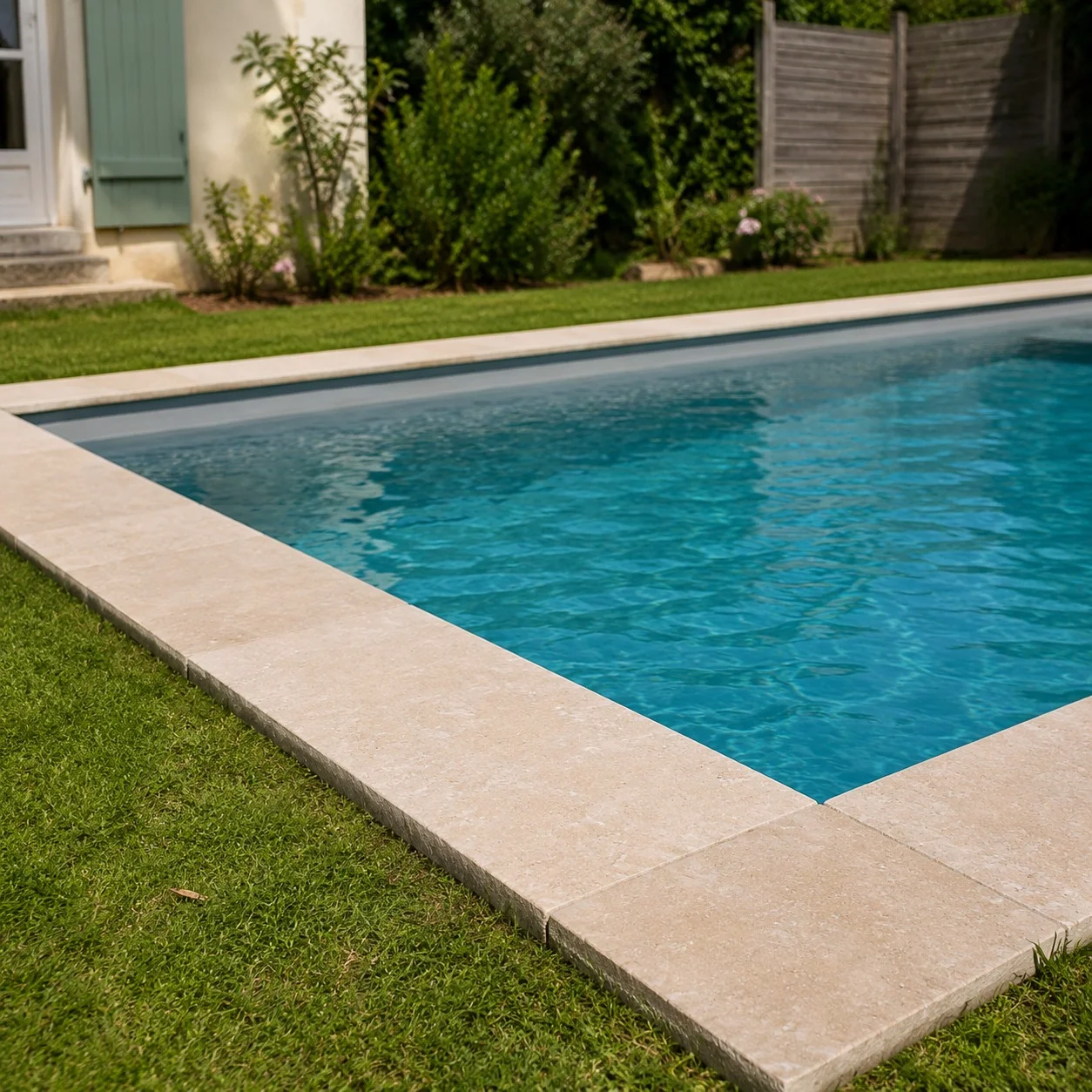 Angle de piscine habillé en margelle pierre naturelle